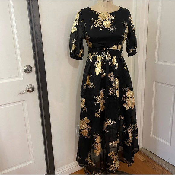 SHEIN Modely Gold Floral Print Lantern Sleeve Belted Dress Size S - Picture 11 of 12